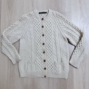 VTG Handknit Irish Aran Fisherman Sweater Cardigan Sz S 100% Wool Inish Saimer